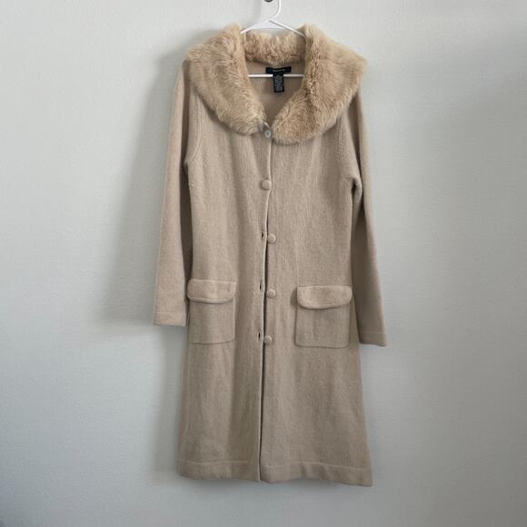 Vintage Y2K Arden B Sweater Maxi Duster Beige Cardigan Rabbit Fur Knit Preppy L - Picture 7 of 7